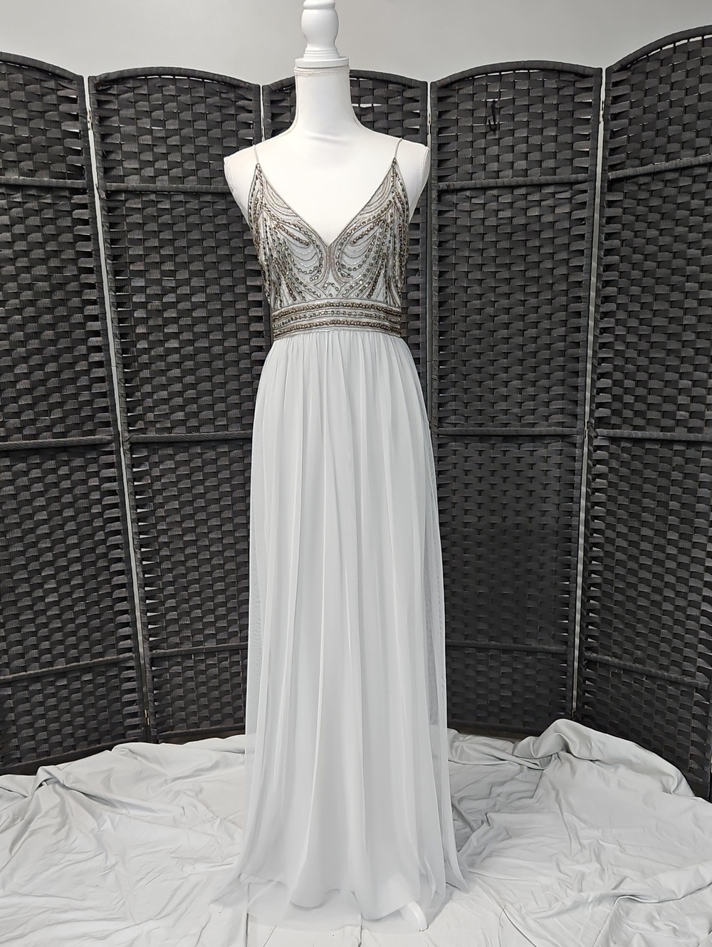 Embellished V-Neck Spaghetti Strap Evening Dress in Taupe